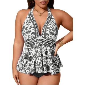 image:imageMakeMeChic Womens Plus Size Triangle Thong Bikini Sets Floral Cute Halter Tankini Tops Bathing Suit SwimsuitsBlack and White