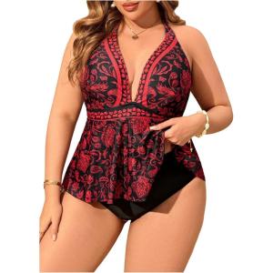 image:imageMakeMeChic Womens Plus Size Triangle Thong Bikini Sets Floral Cute Halter Tankini Tops Bathing Suit SwimsuitsRed and Black