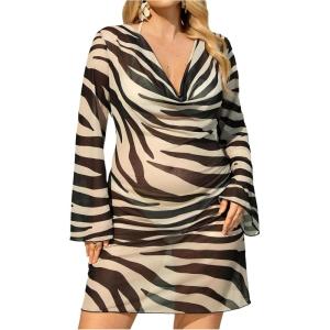 image:imageMakeMeChic Womens Plus Size Zebra Striped Mini Dress Long Sleeve Cowl Neck Sheer Y2K DressesBlack