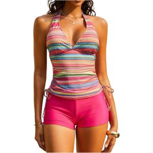 image:imageMakeMeChic Womens Striped Tankini Swimsuits Halter Tummy Control 2 Piece Bathing Suit with ShortsPink