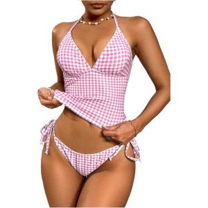 image:imageMakeMeChic Womens Tankini Swimsuits Cute Cheeky Swimsuit Plaid Halter Tankini Bathing SuitsPink