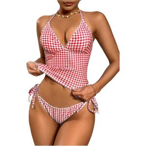 image:imageMakeMeChic Womens Tankini Swimsuits Cute Cheeky Swimsuit Plaid Halter Tankini Bathing SuitsRed and White