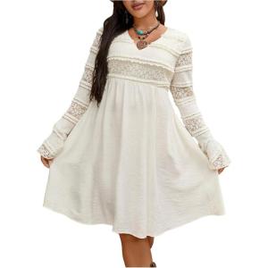image:imageMakeMeChic Womens Western Lace Dress with Flared Sleeves V Neck Boho Midi Dress for Country ConcertApricot