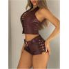 image:imageMakeMeChic Womens 2 Piece Outfits PU Leather Lace Up Halter Crop Top and Belted Mini Shorts Y2K Matching SetRed