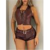 image:imageMakeMeChic Womens 2 Piece Outfits PU Leather Lace Up Halter Crop Top and Belted Mini Shorts Y2K Matching SetRed