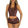 image:imageMakeMeChic Womens 2 Piece Outfits PU Leather Lace Up Halter Crop Top and Belted Mini Shorts Y2K Matching SetRed
