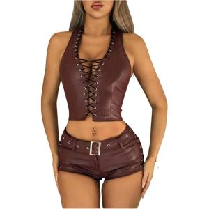 image:imageMakeMeChic Womens 2 Piece Outfits PU Leather Lace Up Halter Crop Top and Belted Mini Shorts Y2K Matching SetRed