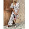 image:imageMakeMeChic Womens Boho 2 Piece Outfit Floral Pants Set Vacation Short Sleeve Tie Front Blouse and Pants SetBlack and White