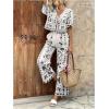 image:imageMakeMeChic Womens Boho 2 Piece Outfit Floral Pants Set Vacation Short Sleeve Tie Front Blouse and Pants SetBlack and White