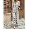 image:imageMakeMeChic Womens Boho 2 Piece Outfit Floral Pants Set Vacation Short Sleeve Tie Front Blouse and Pants SetBlack and White