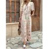 image:imageMakeMeChic Womens Boho 2 Piece Outfit Floral Pants Set Vacation Short Sleeve Tie Front Blouse and Pants SetWhite and Pink