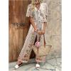 image:imageMakeMeChic Womens Boho 2 Piece Outfit Floral Pants Set Vacation Short Sleeve Tie Front Blouse and Pants SetWhite and Pink