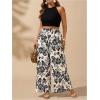 image:imageMakeMeChic Womens Boho Plus Size Floral Print Pants Vacation High Waisted Wide Leg TrousersBlack and White