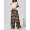 image:imageMakeMeChic Womens Plaid Wide Leg Pants Elastic Waist Tie Front Drawstring TrousersBrown