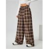 image:imageMakeMeChic Womens Plaid Wide Leg Pants Elastic Waist Tie Front Drawstring TrousersBrown