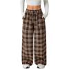image:imageMakeMeChic Womens Plaid Wide Leg Pants Elastic Waist Tie Front Drawstring TrousersBrown