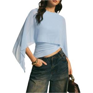 image:imageMakeMeChic Womens Asymmetrical Crop Tops Dressy Blouse Chiffon Mesh Sheer Summer Going Out TopsBlue