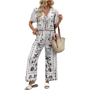 image:imageMakeMeChic Womens Boho 2 Piece Outfit Floral Pants Set Vacation Short Sleeve Tie Front Blouse and Pants SetBlack and White