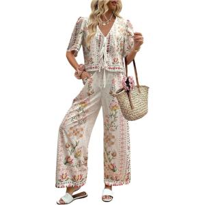 image:imageMakeMeChic Womens Boho 2 Piece Outfit Floral Pants Set Vacation Short Sleeve Tie Front Blouse and Pants SetWhite and Pink