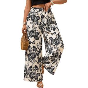 image:imageMakeMeChic Womens Boho Plus Size Floral Print Pants Vacation High Waisted Wide Leg TrousersBlack and White