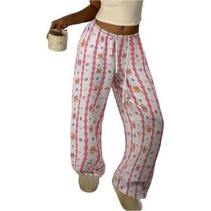 image:imageMakeMeChic Womens Cartoon Print Striped Pants Elastic Waist Drawstring Straight Leg TrousersPink