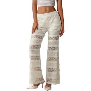 image:imageMakeMeChic Womens Lace Ruffle Layered Vacation Beach Pants Drawstring Waist Mesh Wide Leg Pants Boho TrousersApricot