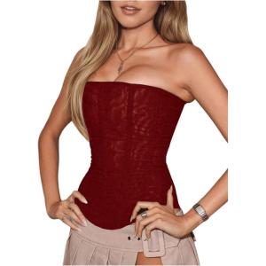 image:imageMakeMeChic Womens Mesh Strapless Bustier Corset Lace Up Back Overbust Tube TopsBurgundy