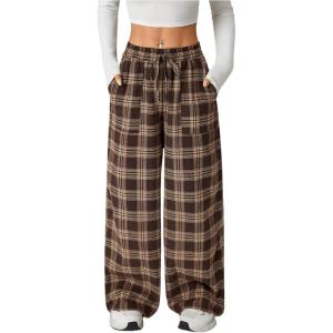 image:imageMakeMeChic Womens Plaid Wide Leg Pants Elastic Waist Tie Front Drawstring TrousersBrown