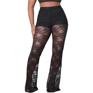 image:imageMakeMeChic Womens Plus Size Lace Sheer Flare Pants High Waist Party Rave TrousersBlack