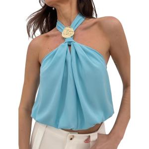 image:imageMakeMeChic Womens Polka Dots Halter Crop Tops Metal Open Back Sleeveless Going Out TopMint Blue