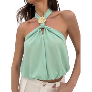 image:imageMakeMeChic Womens Polka Dots Halter Crop Tops Metal Open Back Sleeveless Going Out TopMint Green