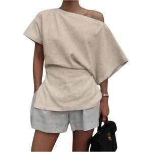 image:imageMakeMeChic Womens Summer Asymmetrical Tops Dolman Sleeve Blouse One Shoulder Split Hem Dressy Blouse ShirtApricot