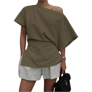 image:imageMakeMeChic Womens Summer Asymmetrical Tops Dolman Sleeve Blouse One Shoulder Split Hem Dressy Blouse ShirtArmy Green