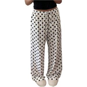 image:imageMakeMeChic Womens Summer Satin Silk Pants Casual Flowy Pants Beach Vacation Wide Leg PantsWhite Polka Dots