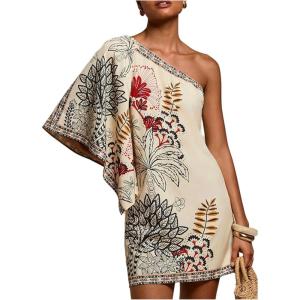 image:imageMakeMeChic Womens Summer Tropical Mini Dress Floral One Shoulder Sundress Beach Vacation Short DressApricot
