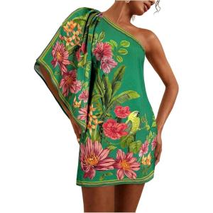 image:imageMakeMeChic Womens Summer Tropical Mini Dress Floral One Shoulder Sundress Beach Vacation Short DressGreen