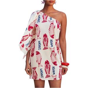 image:imageMakeMeChic Womens Summer Tropical Mini Dress Floral One Shoulder Sundress Beach Vacation Short DressWhite and Red