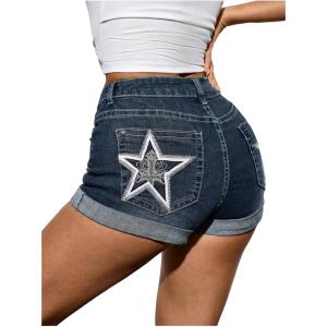 image:imageMakeMeChic Womens Y2K Summer Star Print Drop Low Rise Denim Shorts JeansDark Wash