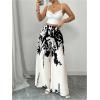image:imageMakeMeChic Womens Boho Fall Floral Print Pants Business Work Elastic Waist Wide Leg TrousersBlack and White