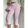 image:imageMakeMeChic Womens Bow Knot Capri Leggings Mid Waist Slim Fit Ribbed Stretchy Trousers Summer Yoga PantPink