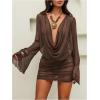 image:imageMakeMeChic Womens Cover Ups for Swimwear Mesh Beach Mini Dress Cowl Neck Long Sleeve Draped Bikini CoverupBrown