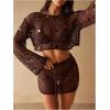 image:imageMakeMeChic Womens Crochet 2 Piece Swimsuit Cover Up Set Sheer Sequin Hollow Out Crop Tops Skirt CoverupBrown
