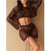 image:imageMakeMeChic Womens Crochet 2 Piece Swimsuit Cover Up Set Sheer Sequin Hollow Out Crop Tops Skirt CoverupBrown