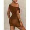 image:imageMakeMeChic Womens Sheer Bodycon Mini Beach Dress Asymmetrical Neck Fitted Short Cover Up DressesBrown