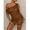 image:imageMakeMeChic Womens Sheer Bodycon Mini Beach Dress Asymmetrical Neck Fitted Short Cover Up DressesBrown