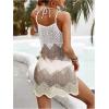 image:imageMakeMeChic Womens Swimsuit Coverups Crochet Dress Color Block Hollow Out Beach Cover UpKhaki