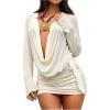 image:imageMakeMeChic Womens Cover Ups for Swimwear Mesh Beach Mini Dress Cowl Neck Long Sleeve Draped Bikini Coverup Apricot Large