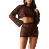 image:imageMakeMeChic Womens Crochet 2 Piece Swimsuit Cover Up Set Sheer Sequin Hollow Out Crop Tops Skirt CoverupBrown
