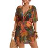 image:imageMakeMeChic Womens Plus Size Beach Cover Ups Shirt Dress Floral Half Sleeve V Neck Boho Beach DressesRed