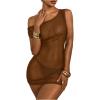 image:imageMakeMeChic Womens Sheer Bodycon Mini Beach Dress Asymmetrical Neck Fitted Short Cover Up DressesBrown